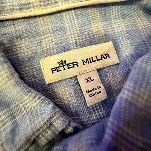 Peter Millar blue checkered, button front, linen long sleeve shirt.